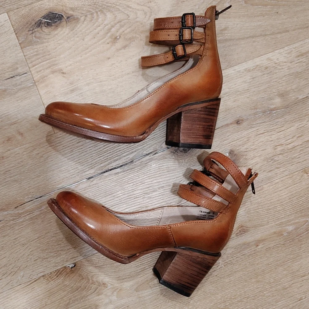 freebird Tan Leather Multi-Strap Block Heel Pumps - Picture 5 of 16